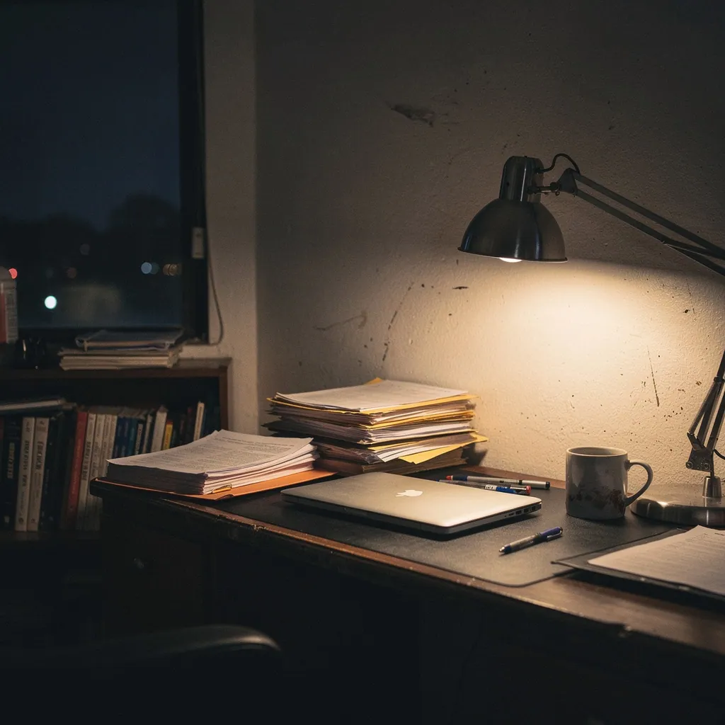 A vertical view of a desk lamp over a studio worktable